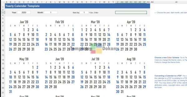 Yearly Calendar Large Number Theme